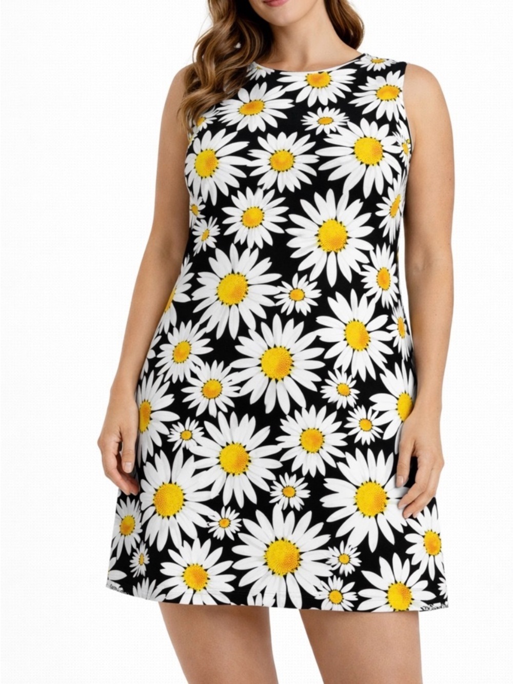 Ronni Nicole Black Daisy Print Mini Dress with Yellow Centers